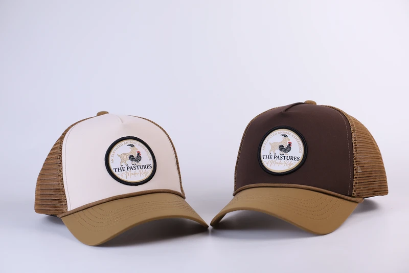 Front comparison of cream and brown round-patch trucker caps