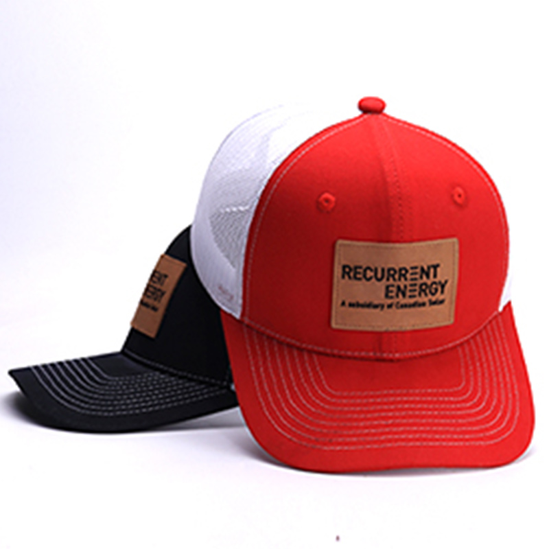 Cool Snapback Trucker Hats Custom Khaki Leather Mesh Hat With A leather Patch