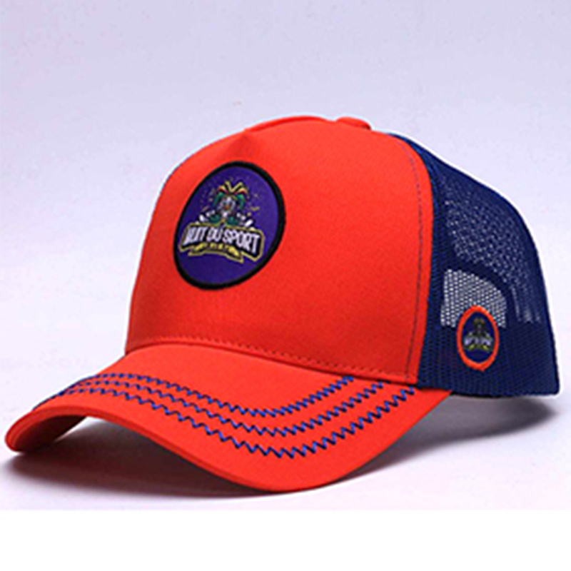 Custom Patch Trucker Hat 5 Panels Red and Blue Mesh Cap Flat Stiff Bill